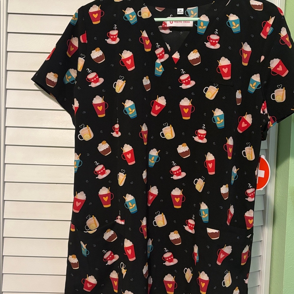 White Cross Black Scrub Top with Coffee Print